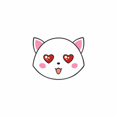 Love the kitten with eyes in the shape of a heart. Drawing of a cat for St. Valentine's Day. Postcard for the holiday of all lovers. Japanese character for printing on clothes.