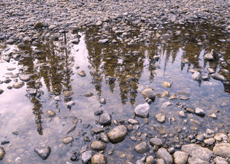 Abstract river landscape with stones, gravel and pebbles texture. Reflexion of fir trees and blue sky in the water. Water distorted and surreal background. Nordic nature. North Ural Mountains.