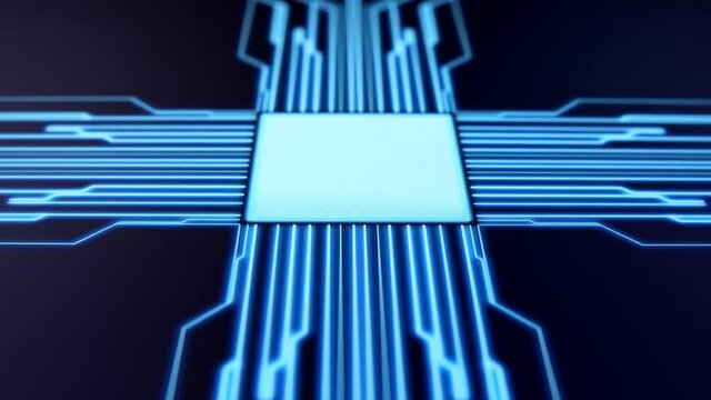 Human finger is pressing a digital button on a glowing touchscreen. Futuristic microprocessor is starting the operation of the computer program. Machine learning and artificial intelligence.