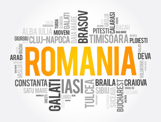 List of cities in Romania word cloud collage concept