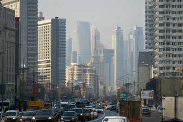 Fototapeta premium View of Moscow skyscrapers from Novy Arbat in winter