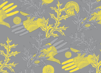 Seamless vector pattern with male and female hands in floral ornament