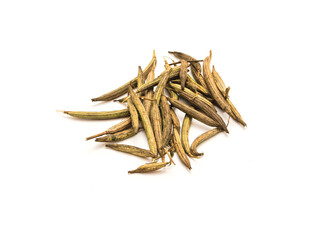 Group of Molokhia or Egyptian Spinach dried seed pods isolated on white studio shot