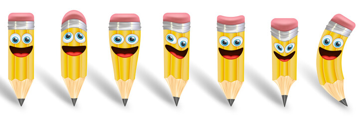 Set of cute cartoon pencil isolated on white background