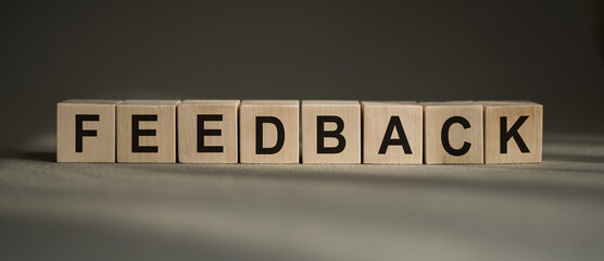 A wooden blocks with the word FEEDBACK written on it on a gray background.