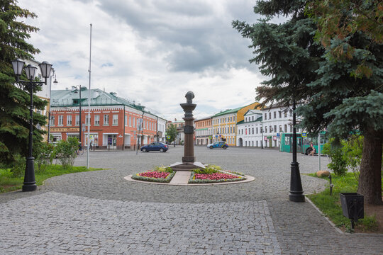 Russia July 1, 2020 Rybinsk, view of the monument to Admiral Ushakov, photo was taken on a sunny summer day on the Volga River embankment.