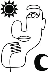 Abstract face line art on white background. Day and night. Sun and moon. Black and white. One line drawing.
