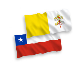 National vector fabric wave flags of Vatican and Chile isolated on white background. 1 to 2 proportion.