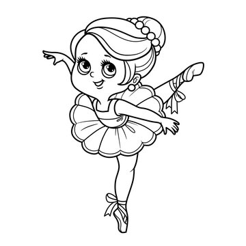 Cute cartoon little ballerina girl dancing on one leg in lush tutu isolated on a white background
