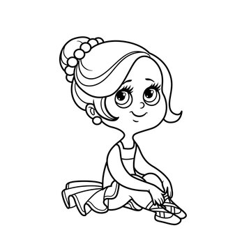 Cute cartoon little ballerina girl in lush tutu sitting on the white floor outlined for coloring