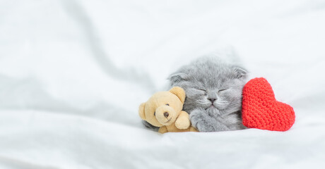 Sleepy kitten lies with red heart on a bed under blanket. Valentines day concept. Top down view....