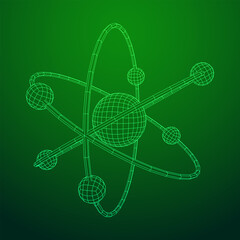 Planetary model of atom with nucleus and electrons spining on orbits. Nuclear nano technology. Wireframe low poly mesh vector illustration.