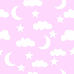 vector illustration of cute pattern. clouds with the moon and white stars on a pink background.