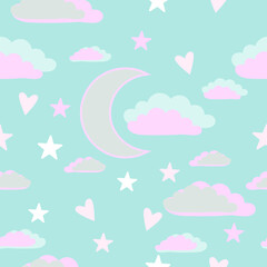 Flat vector illustration of Seamless cute with clouds and moon.cute clouds, moon and hearts on a blue background