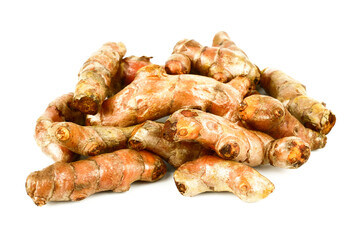 Turmeric root (Curcuma longa), indian spice, Turmeric rhizome isolated on white background. Herb plant is nutrition for protecting cancer.
