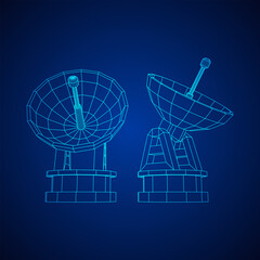 Radar. Directional radio antenna with satellite dish. Astronomy radio telescope . Wireframe low poly mesh vector illustration