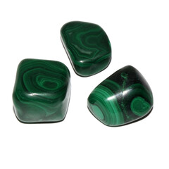 three malachite tumbled stones on white background 