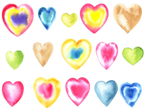 Set of hand painted watercolor hearts bright colors. Stock illustration, Valentine's day, romantic post cards, wrapping paper. Fabric wallpaper print texture.