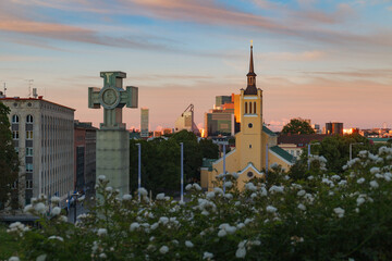 Obraz premium TALLINN, ESTONIA - JULY, 07, 2020: Jaani kirik and modern buildings at the background. Sunny summer day, blue hour time
