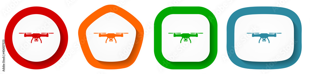 Poster drone, copter, aerial camera vector icon set, flat design buttons on white background