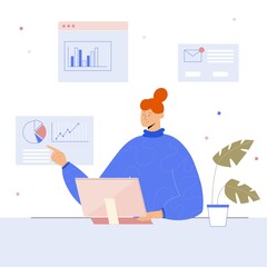 Woman doing data analysis and research in the office, preparing report, collecting statistics. Vector illustration