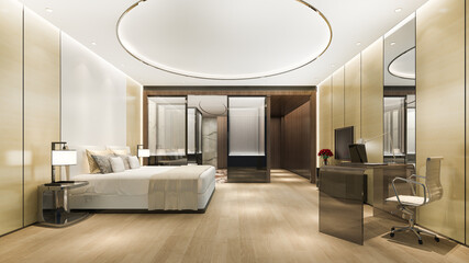 3d rendering luxury bedroom suite in hotel with working table near bathroom and round ceiling
