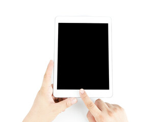 hands man asian and finger pointing on tablet isolated on white background