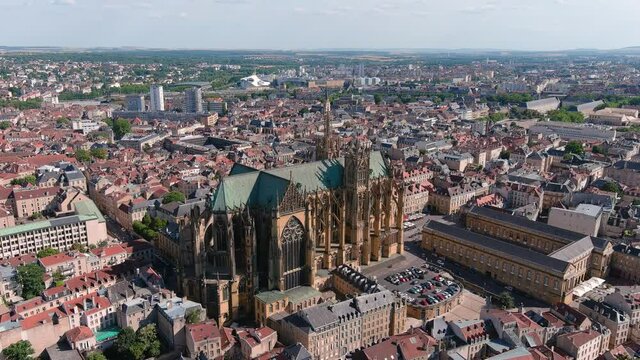 Metz, France: Aerial view of gothic Cathedral of Saint Stephen (Cath&eacute;drale Saint &Eacute;tienne de Metz) in historic city center - landscape panorama of Europe from above