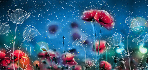 Red flowers and fireflies set © shakiraz_5