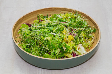 Salad with sprout of sunflower, flax and onion