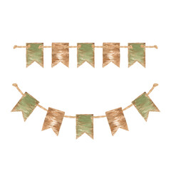 Watercolor garlands of colored and natural wooden flags. Perfect for printing, web, textile design, scrapbooking, souvenir products and other creative ideas.