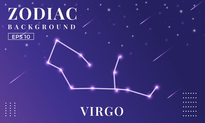 Fototapeta na wymiar Zodiac Virgo background at night with beautiful shooting star and stars ornaments. Perfect for copybook brochures, school books, Notebook paper, book, magazine template.