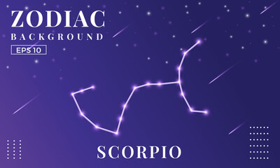 Zodiac Scorpio background at night with beautiful shooting star and stars ornaments. Perfect for copybook brochures, school books, Notebook paper, book, magazine template.