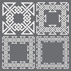 Set of square frames. 4 decorative logo elements with stripes braiding. Rectangular patterns, border design, borders frames package.