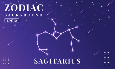 Fototapeta na wymiar Zodiac Sagittarius background at night with beautiful shooting star and stars ornaments. Perfect for copybook brochures, school books, Notebook paper, book, magazine template.