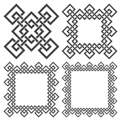 Set of square frames, rectangular patterns. 4 decorative elements for design with stripes braiding borders. Black lines on white background.