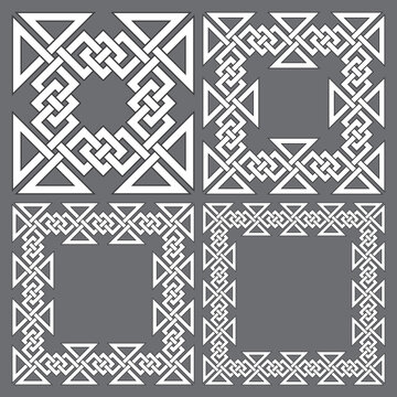 Set of square frames. 4 decorative logo elements with stripes braiding. Rectangular patterns, border design, borders frames package.