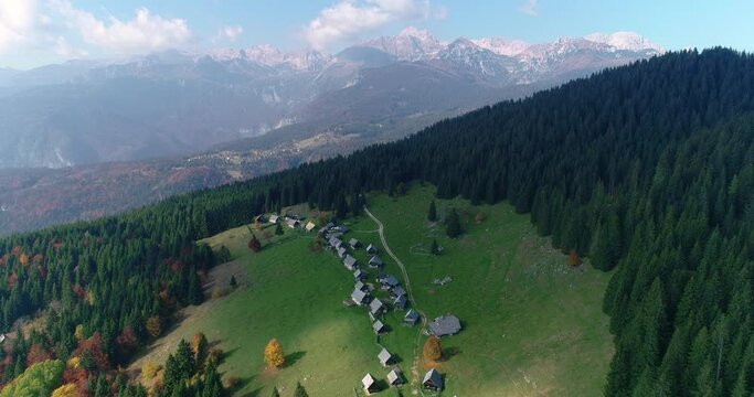 Aerial view of small Alpine village in Slovenia. Drone flying over spruce forest and mountain cabins. Alps mountains in the distance. Slow descending