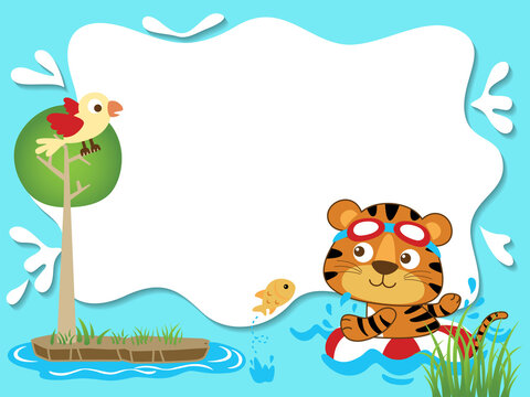 Vector cartoon of blank empty background frame with tiger swimming using lifebuoy in river, bird on tree