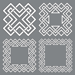 Obraz premium Set of square frames, rectangular patterns. 4 decorative elements for design with stripes braiding borders. White lines with black strokes on gray background.