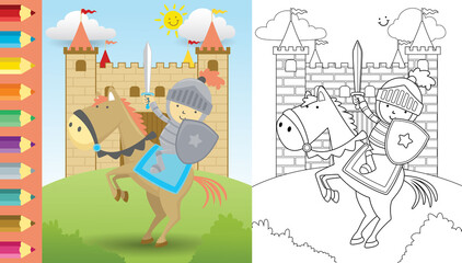 Vector cartoon of knight with sword and shield riding horse on castle background, coloring book or page