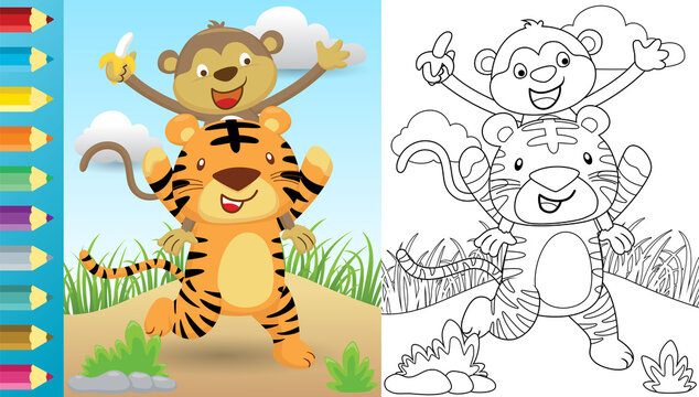 Vector cartoon of tiger carrying monkey on its shoulders, coloring book or page