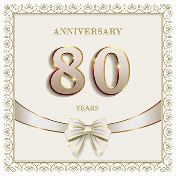 80 years anniversary celebration, greeting card in frame with an elegant pattern, decorated with ribbon and bow. Vector illustration