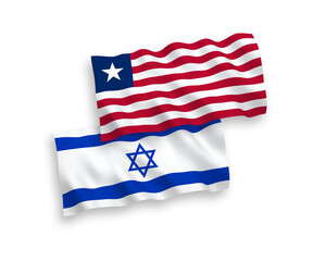 National vector fabric wave flags of Liberia and Israel isolated on white background. 1 to 2 proportion.