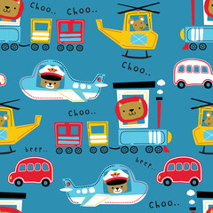 Seamless pattern vector means of transportations with cute animals on it