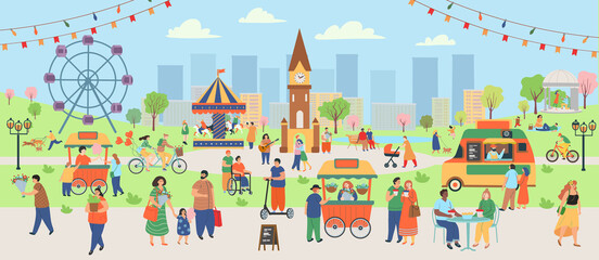 Spring park with people. Big set of people in spring. People walking, eating on a cafe, drinking, walking dogs, cycling, riding a scooter, singing songs. Flat cartoon vector illustration.
