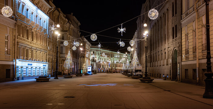 Empty streen with many bright lights in New Year