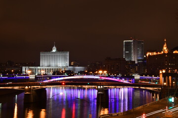 Night panorama on Russia white house and metro brigde, Moscow, Russia