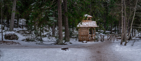hut in the winter forest