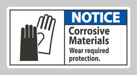 Notice Sign Corrosive Materials, Wear Required Protection